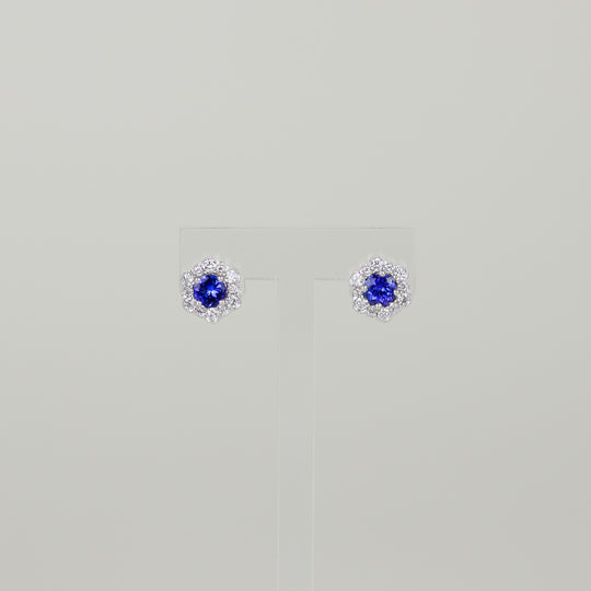 18ct White Gold 0.95ct Round Tanzanite and Diamond Cluster Stud Earrings