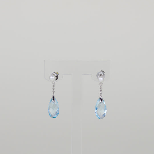 9ct White Gold 4.32ct Briolette Blue Topaz and Pearl Drop Earrings