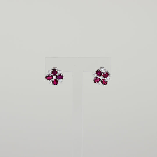 18ct White Gold 1.86ct Oval Ruby and Diamond Cluster Stud Earrings