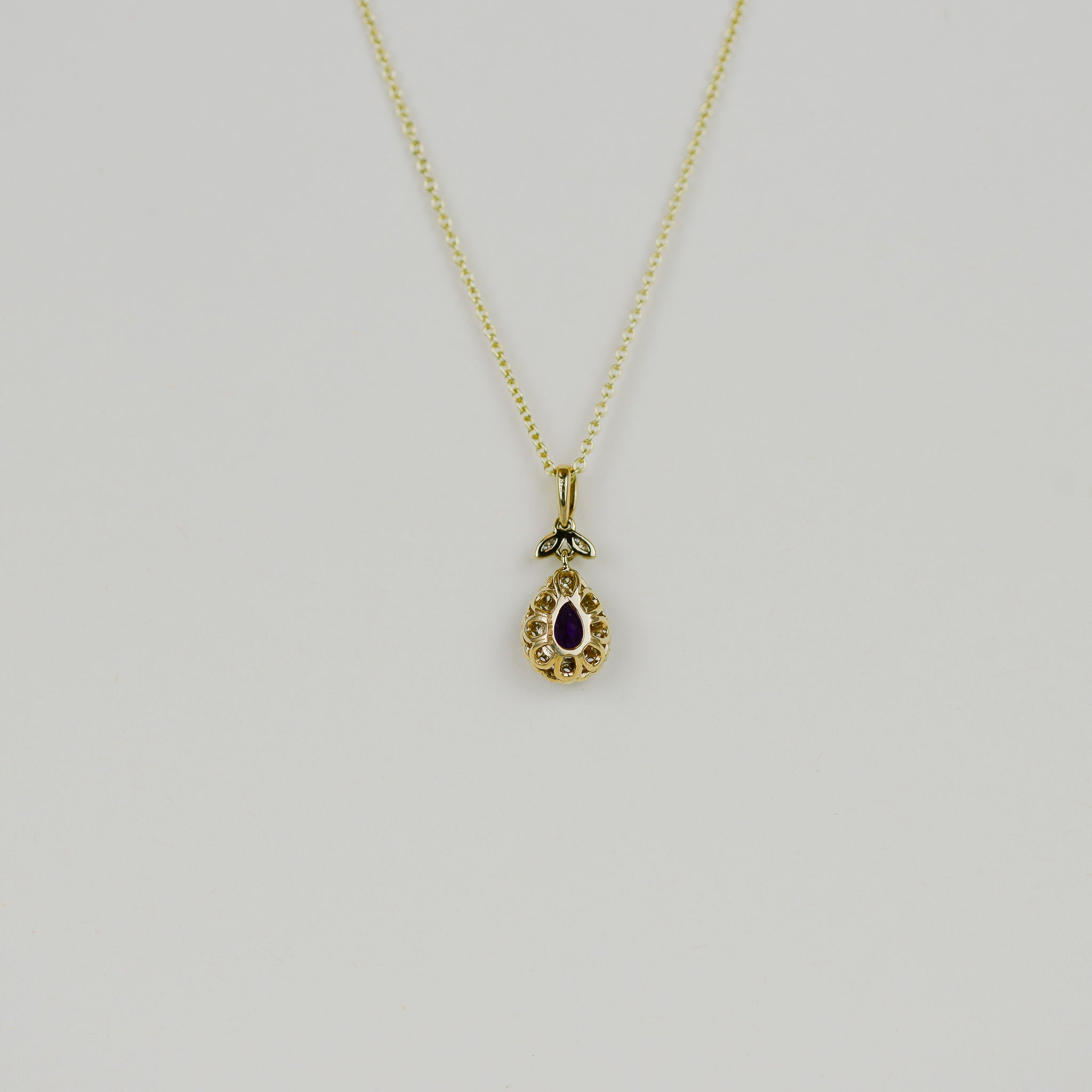 9ct Yellow Gold 0.63ct Pear Amethyst and Diamond Floral Pendant