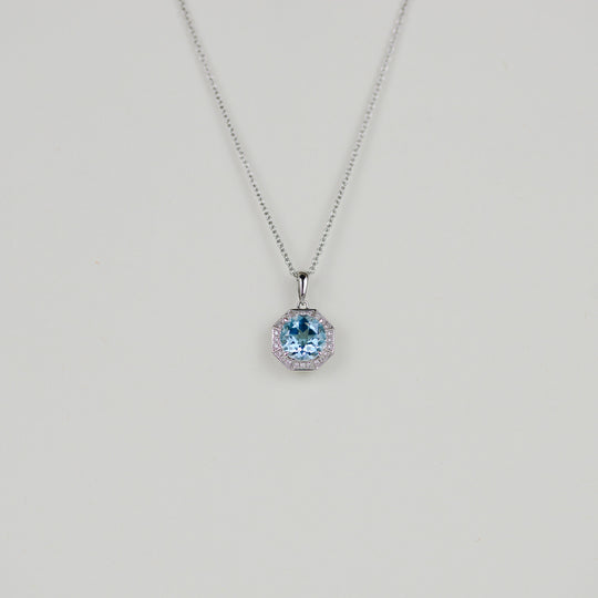9ct White Gold 2.12ct Round Blue Topaz and Diamond Pendant