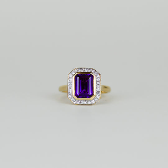 9ct Yellow Gold 1.88ct Emerald Cut Amethyst and Diamond Art Deco Cluster Ring