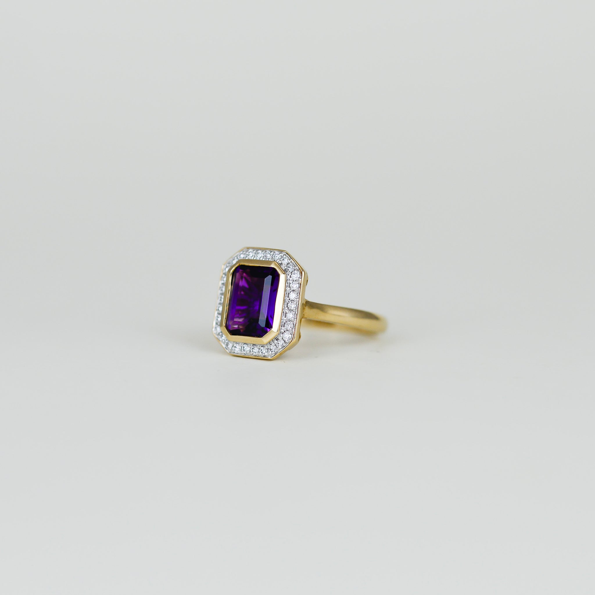 9ct Yellow Gold 1.88ct Emerald Cut Amethyst and Diamond Art Deco Cluster Ring