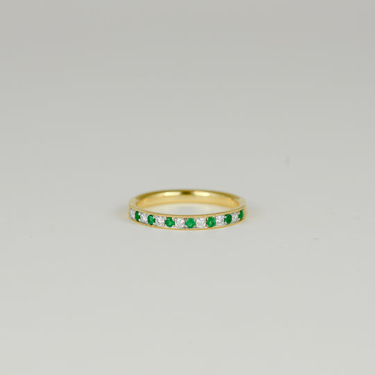 18ct Yellow Gold  0.13ct Round Emerald and Diamond Half Eternity Ring