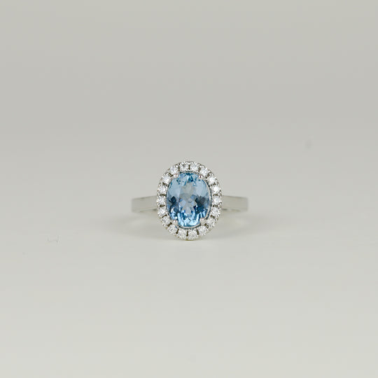 18ct White Gold 2.06ct Aquamarine and Diamond Halo Ring