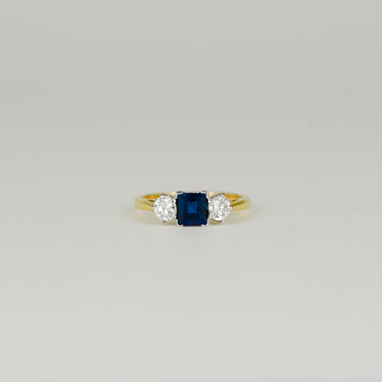 18ct Yellow and White Gold 1.10ct Square Sapphire and Diamond Three Stone Ring