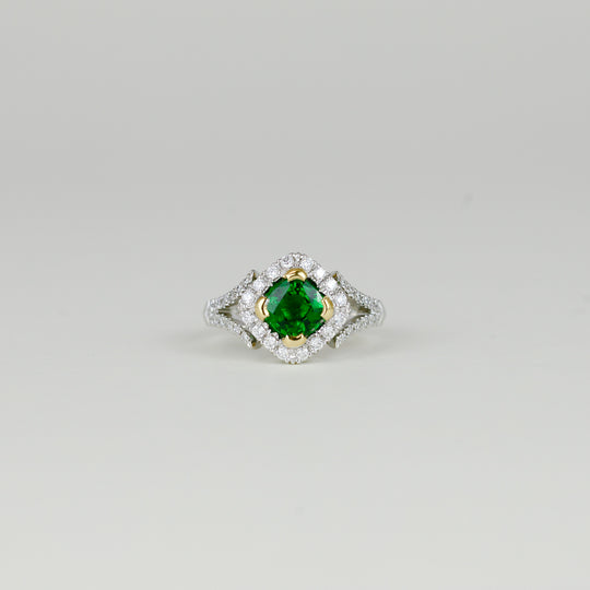 18ct White Gold 1.19ct Cushion Tsavorite and Diamond Cluster Ring