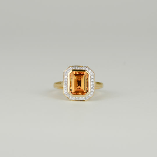 9ct Yellow Gold 2.34ct Emerald Cut Citrine and Diamond Art Deco Dress Ring