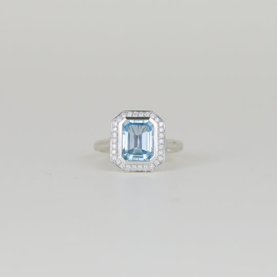 9ct White Gold 2.73ct Emerald Cut Blue Topaz and Diamond Art Deco Cluster Ring