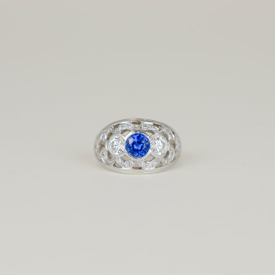 18ct White Gold 0.82ct Sapphire and Diamond Domed Dress Ring