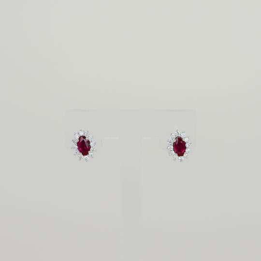 9ct White Gold 0.55ct Oval Ruby and Diamond Cluster Earrings