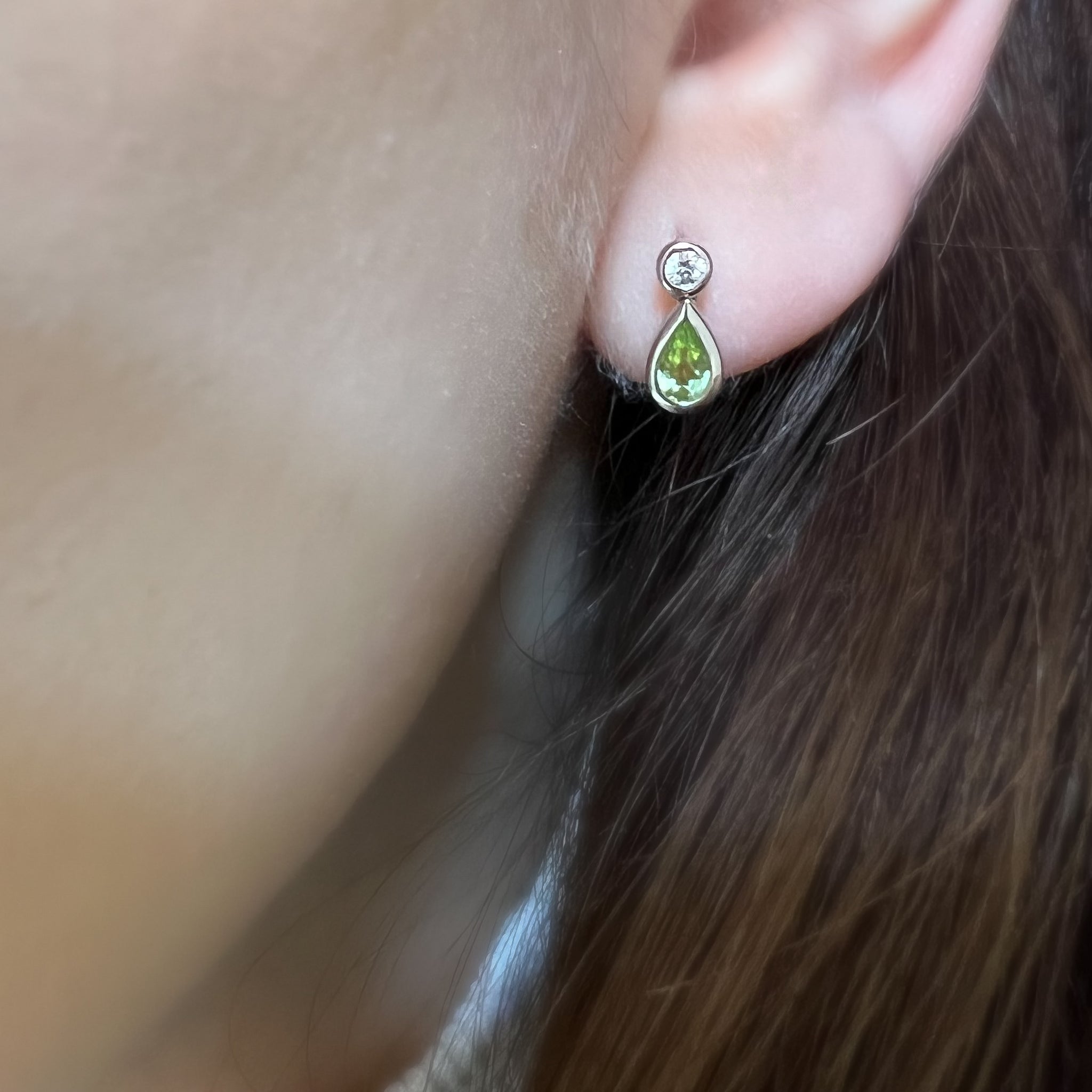 9ct White Gold 0.43ct Pear Cut Peridot and Diamond Drop Stud Earrings
