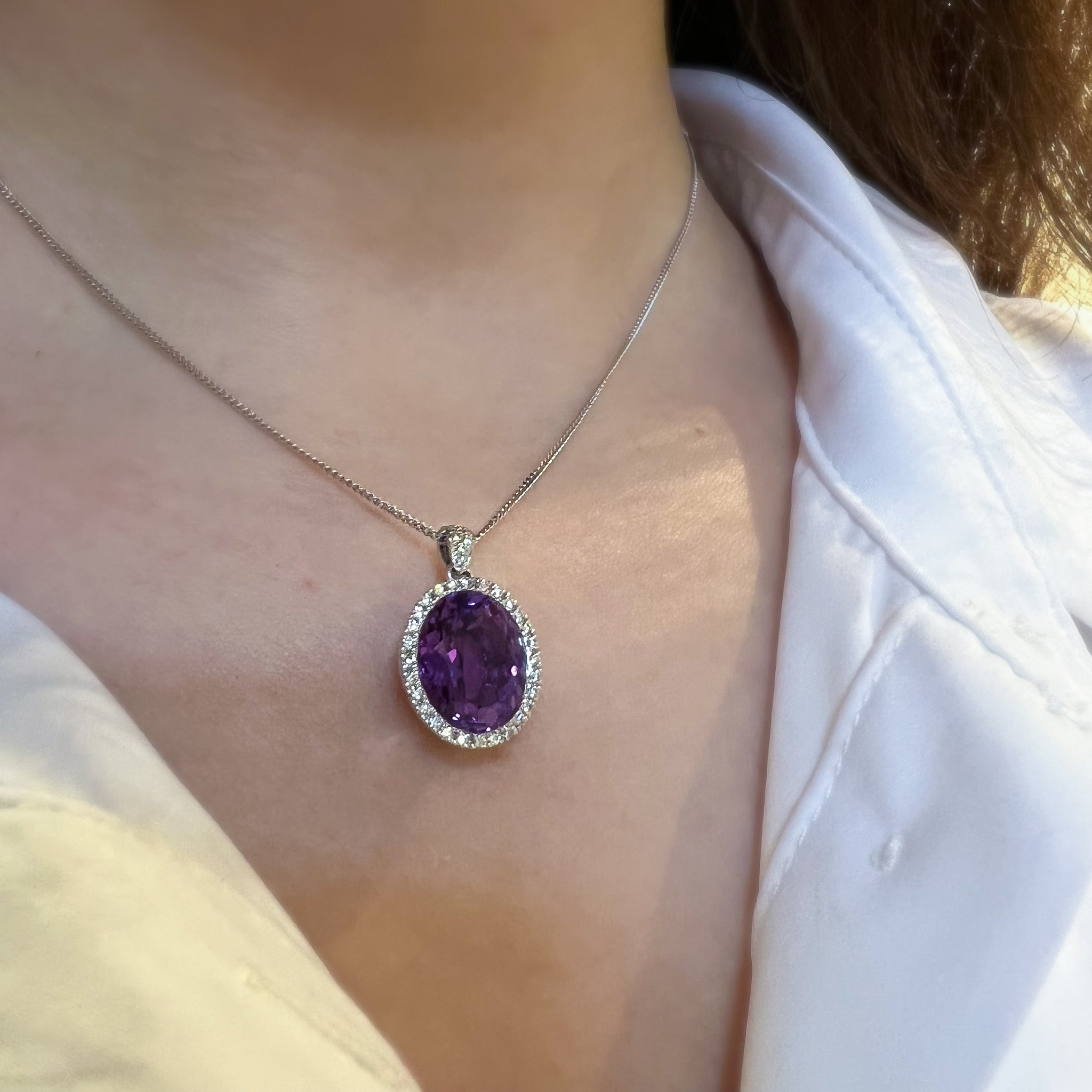 9ct White Gold 4.75ct Oval Amethyst and Diamond Pendant